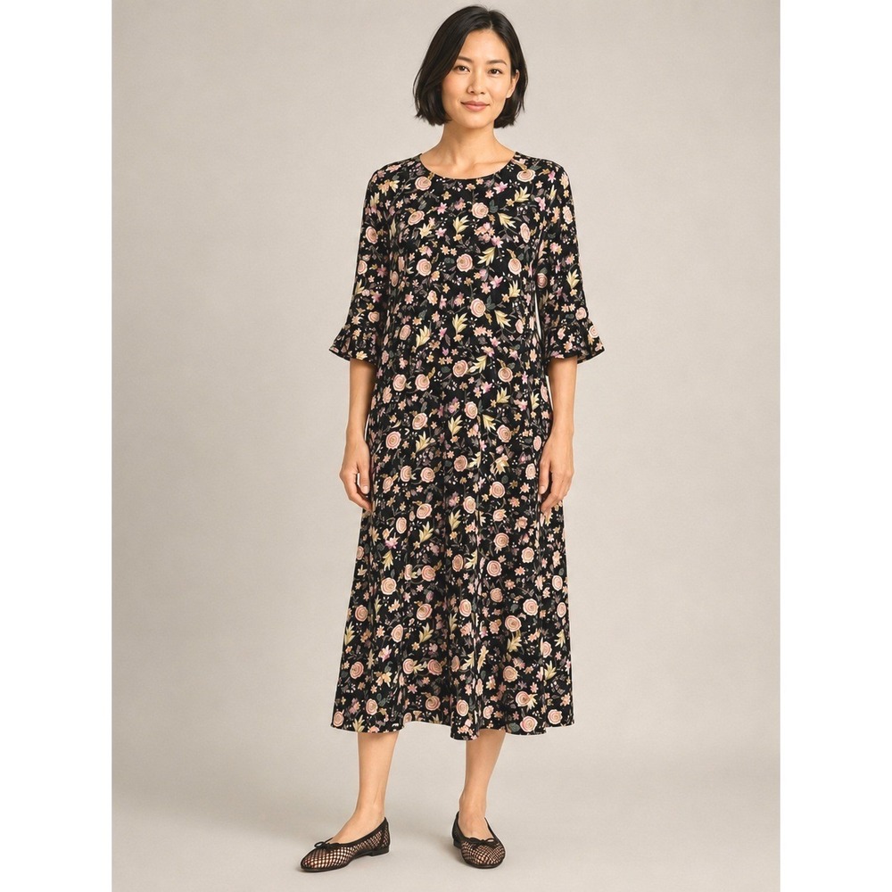 LOFT Womens Floral Midi Dress Size 14 Black Bell Sleeve Boho Cottagecore Casual
